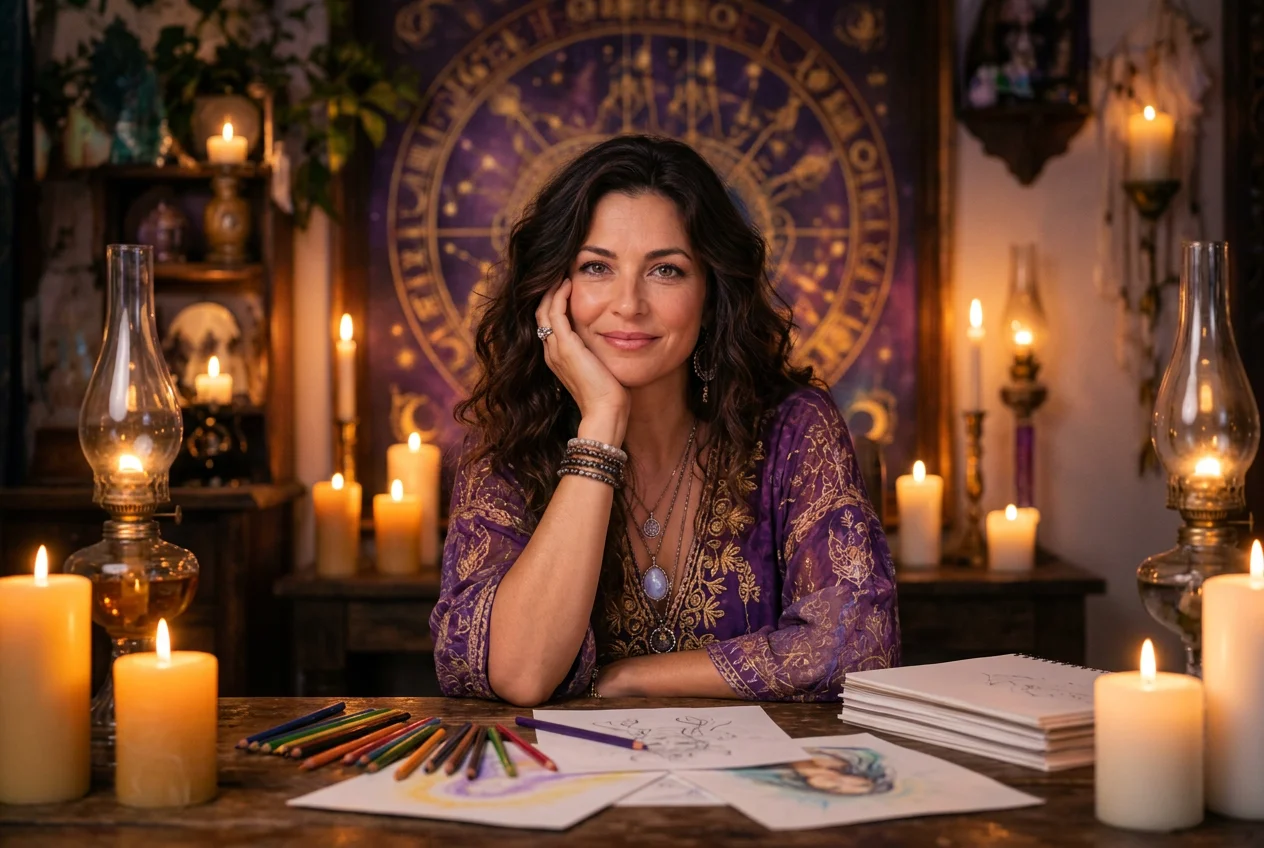Illustrative AI-generated portrait of Seraphina Rose, the brunette brand guide, in a candlelit art studio